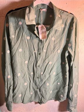 Hem & Thread Sage Green Daisy-Print Button-Down Shirt S